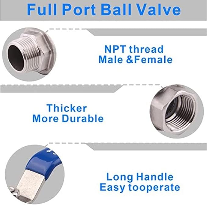 Water Shut Off Valve, Ball Valve 1in NPT Stainless Steel Ball Hose Shut Off Straight Fitting Connector for Water Oil