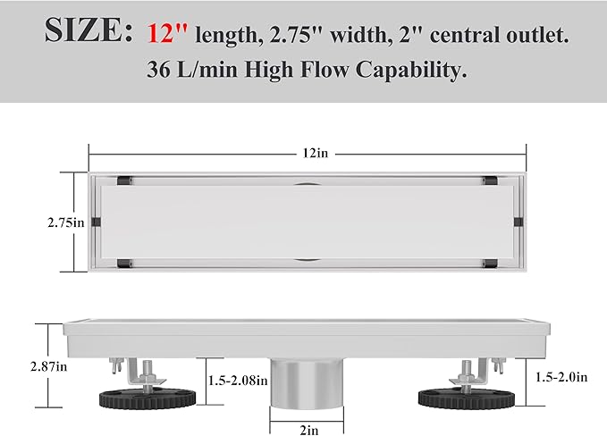 12 Inch Linear Shower Drain Brushed Floor Drain with Removable SUS304 Stainless Steel CUPC Certificate and 2-in-1 Tile Insert Grate Cover
