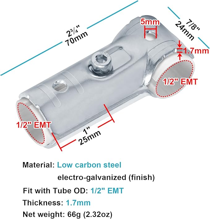 20 Sets T Pipe Connector Tee Clamp Fittings, Fits 1/2" EMT Conduit with PE Adapter Shims