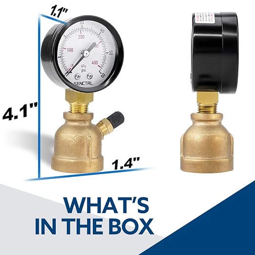 SENCTRL 0-60 Psi Gas Pressure Test Gauge, 2" Dial Size, 3/4" FNPT Connection, Brass Valve, Forged Brass Bell Shape Body Assembly