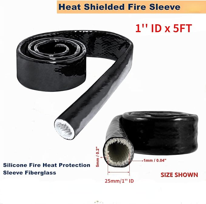 1"(25mm) ID Heat Shielded Fire Thermo Armor Fire Sleeve Silicone Coated Fiberglass for Automotive Hose Lines & Electrical Wiring Black, 5 feet