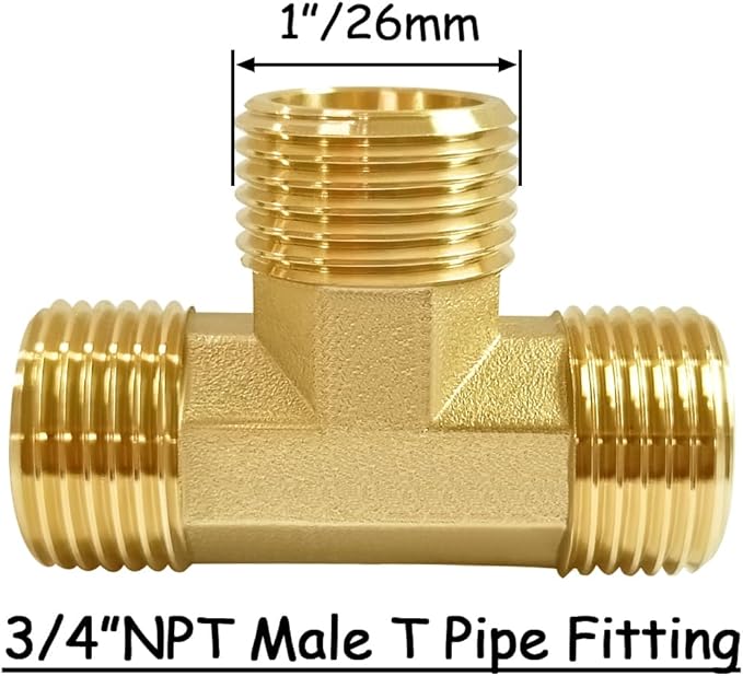 2PCS Brass Tee Pipe Fitting 3/4" NPT Male x 3/4" NPT Male x 3/4" NPT Male for Water/Oil/Gas