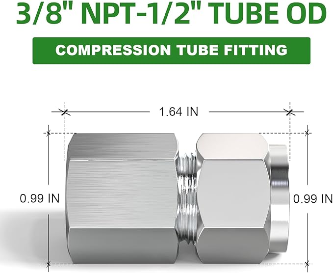 TAISHER 5PCS 304 Stainless Steel Compression Tube Pipe Fitting Connector, 1/2" Tube OD x 3/8" NPT Female Straight Adapter