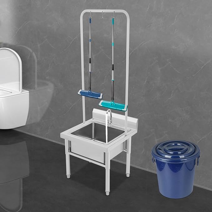 Stainless Steel Floor Mop Sink with Hanging Rod & Hooks Mop Commercial Mop Sink with Faucet & Drain Filter for Restaurant, Garages, 23.6x23.6x68.9in