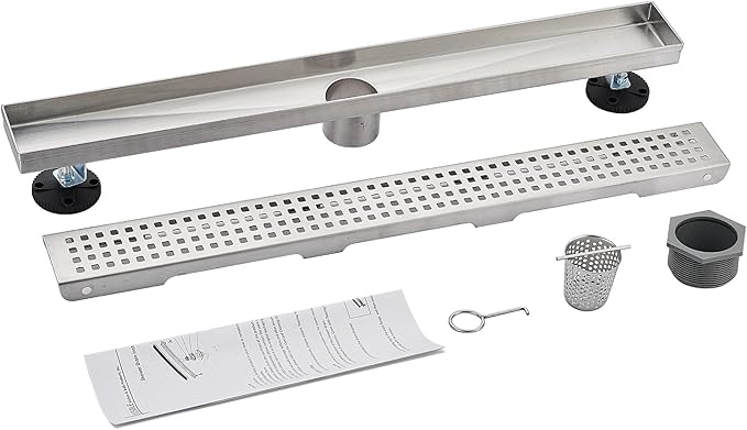 Linear Shower Floor Drain, Brushed Nickel 60 Inch 304 Stainless Steel Bathroom Drains Kit, Long Rectangular Shower Trench Drain with Square Pattern Drain Cover & Hair Catcher