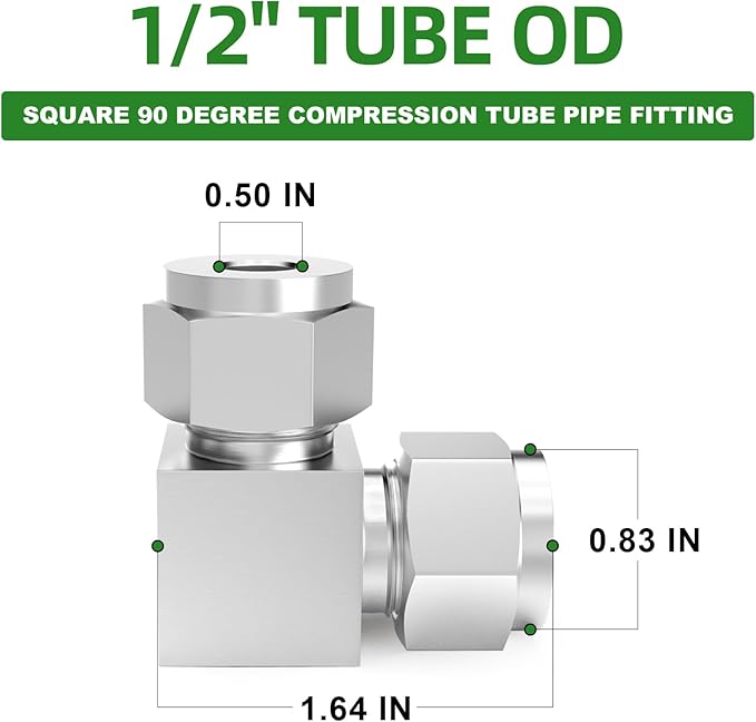 TAISHER 1PCS 304 Stainless Steel Square 90 Degree Compression Tube Pipe Fitting Connector, 1/2" Tube OD x 1/2" Tube OD Adapter