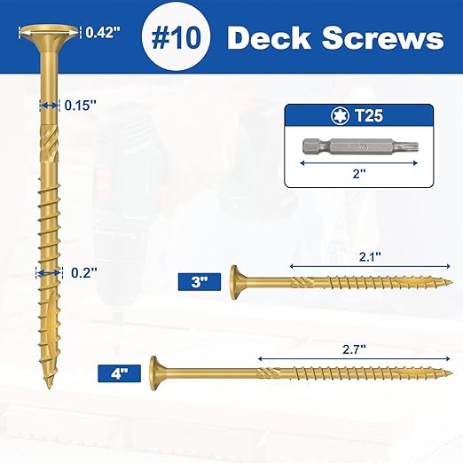 #10 x 4” Deck Screws, 108Pcs Star Drive Wood Screws, Rust Resistant Timber Screws for Timber/Log/Landscaping Wood, T25 Star Bit Included, Yellow