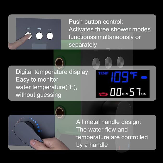 Temperature Display Shower Faucet Set Matte Black Shower System with 2 Rain Shower Head(12+8"), Handheld Shower and Multi-function Push Button Shower Faucet Trim Kit
