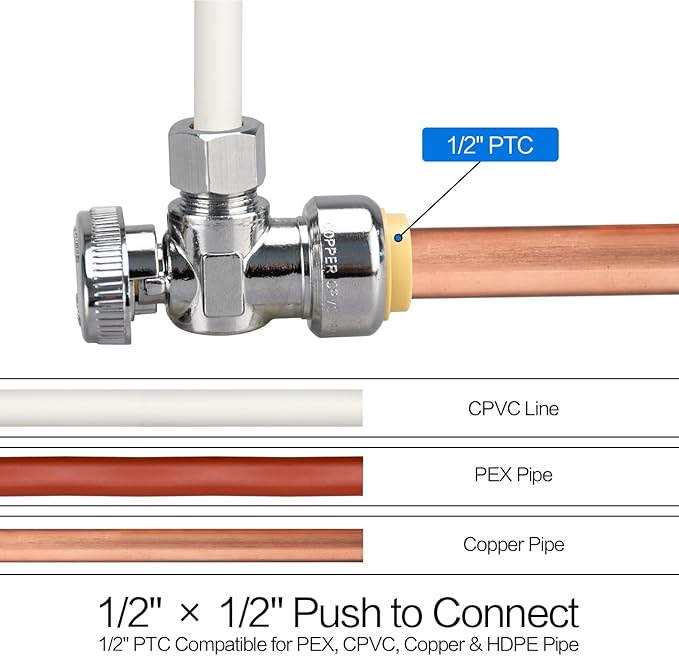 2pcs Stop Valves, 1/2" × 3/8" Angle Stop Valve, 1/2" PTC Input, 3/8" OD Compression Output, Push to Connect, 1/4 Turn, Chrome Plated Brass for Faucet, Toilet Valves, No Lead