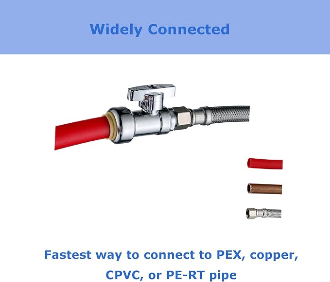 (10-Pack) Cyrret Push Fit Valve 1/2 inch Push × 3/8 Inch Compression No Lead Brass Straight Angle Stop Shut off Valve 1/4 Quarter Turn, Push-to-Connect PEX, Copper, CPVC (Disconnect Clip Included)