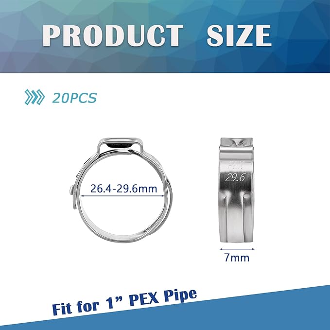 20PCS 1inch PEX Cinch Crimp Clamp Rings 304 Stainless Steel Single Ear Hose Clamps HE062-1