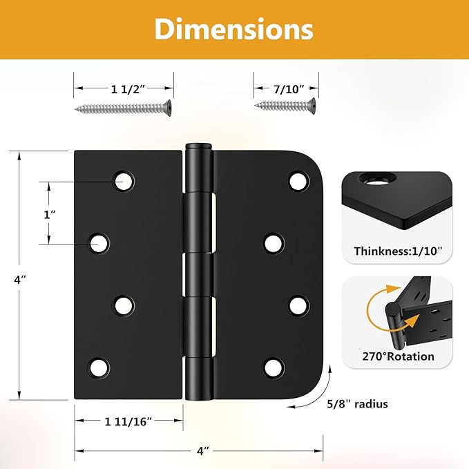 12 Pack Black Door Hinges 4 Inch, Exterior Door Hinges with Square & 5/8" Radius, Removable Pin, Perfect for Heavy-Duty Front & Back Door, Antirust & No Squeaks ﻿