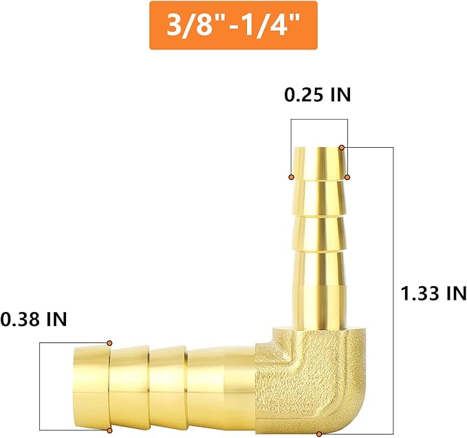 GASHER 2 Pieces Brass Hose Barb Reducer, 3/8 Inch to 1/4 Inch Barb Hose ID 90 Degree L Right Angle Elbow with 4 Hose Clamps, Brass Barb Reducer SPLICER Fitting Fuel/AIR/Water/Oil/Gas/WOG