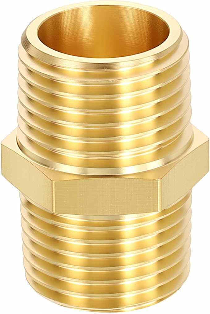 1 Pack Brass Pipe Fittings, 1/2" Male NPT to 1/2" Male NPT Brass Hex Nipple, Male Pipe Adapter Reducer for Air, Oil, LP