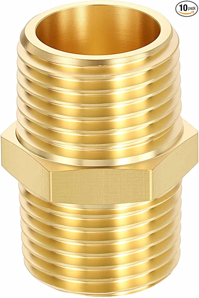 10 Pack Brass Pipe Fittings, 1/2" Male NPT to 1/2" Male NPT Brass Hex Nipple, Male Pipe Adapter Reducer for Air, Oil, LP
