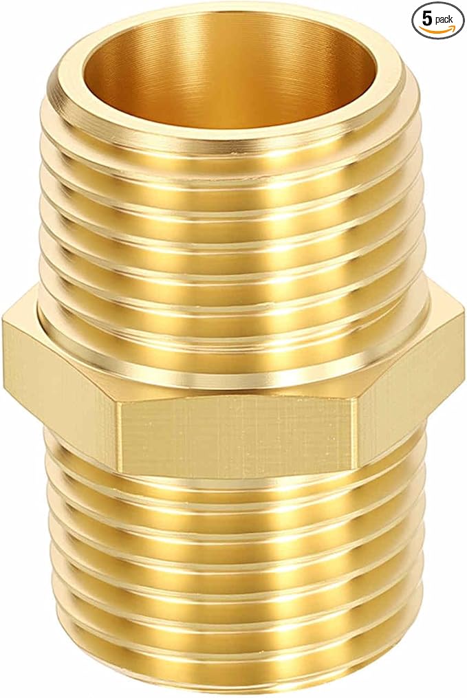 5 Pack Brass Pipe Fittings, 1/2" Male NPT to 1/2" Male NPT Brass Hex Nipple, Male Pipe Adapter Reducer for Air, Oil, LP