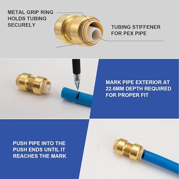 PEX Pipe Fitting 1/2 inch Set, Brass Push Fit Fitting 1/2 inch Set with 90 degree elbow, tee & coupling, push to connect for quick connection to PEX Tube Pack of 12