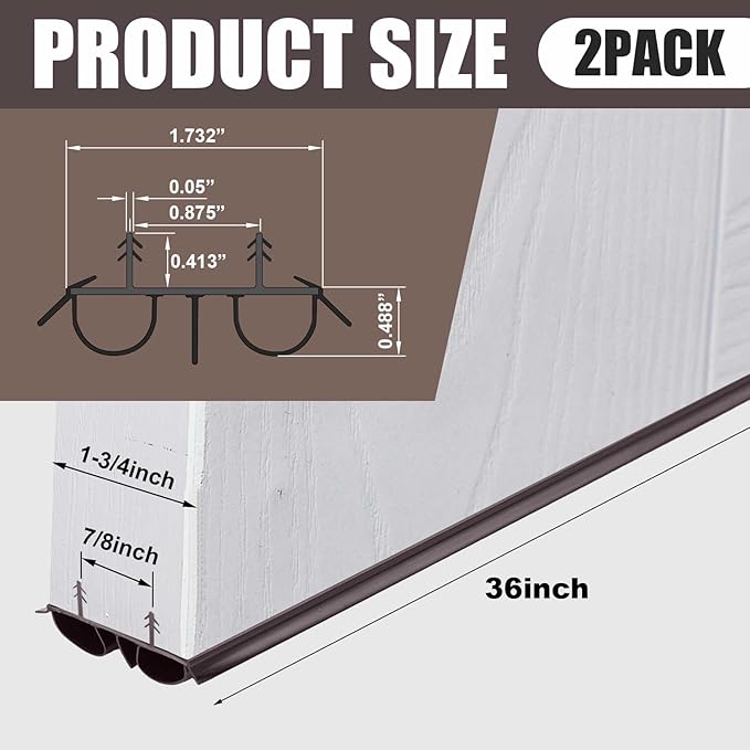 2 Pcs 36" Double Bubble Kerf Door Sweep 1-3/4" Wide Vinyl Weatherstrip Seal for Exterior Doors, Energy Efficient Draft Stopper, Easy Slide in Installation, Blocks Dust/insects/noise (Brown)