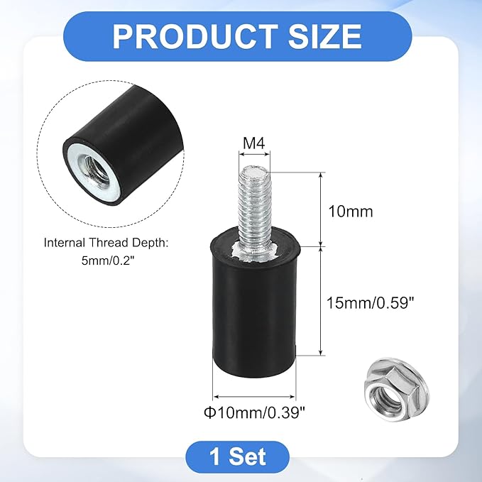 uxcell M4 Rubber Mounts, 1Pcs 10x15mm(DxH) Rubber Cylindrical Anti Vibration Isolator Shock Absorber with Lock Nut for Car Bobbin Generator Air Compressors
