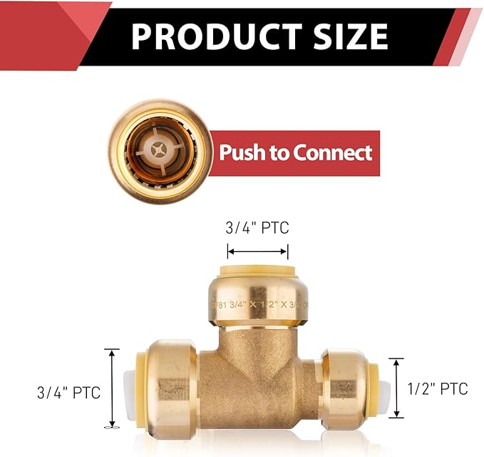 (Pack of 2) EFIELD 3/4"x 1/2" x3/4" Tee Push-Fit Fitting to Connect Pex, Copper, CPVC With 2 Size Disconnect Clips,(PF128-2PCS)