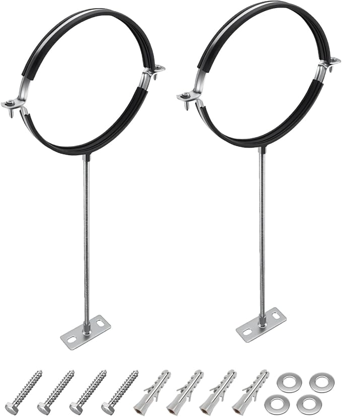 2 Pack 8 Inch Pipe Hanger Bracket with 16 Inch Extension Rod, Heavy Duty Galvanized Steel Split Ring Clamp for Vent Pipe Chimney Drain Pipe Installation