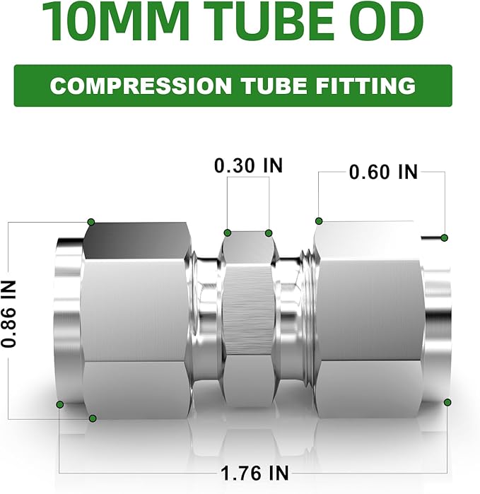 TAISHER 2PCS 304 Stainless Steel Compression Tube Pipe Fitting Connector, 10MM Tube OD x 10MM Tube OD Straight Adapter