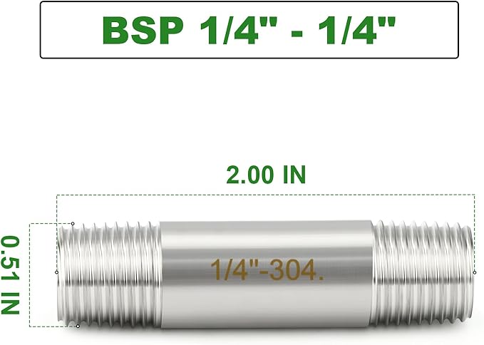 TAISHER 2PCS Stainless Steel Pipe Fittings, 1/4" BSP Male x 1/4" BSP Male Threaded, 2" Length Nipple Cast Pipe