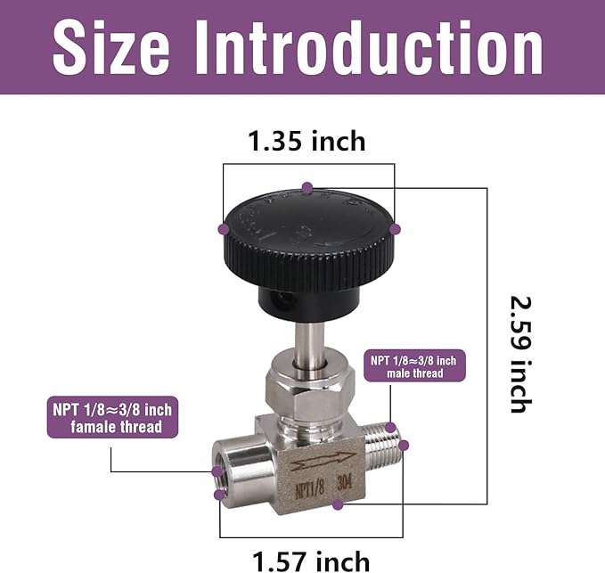 Stainless Steel 304 NPT 1/8 Female to Male Needle Valve for Flow Control in Gas Oil Water Systems, 1PC