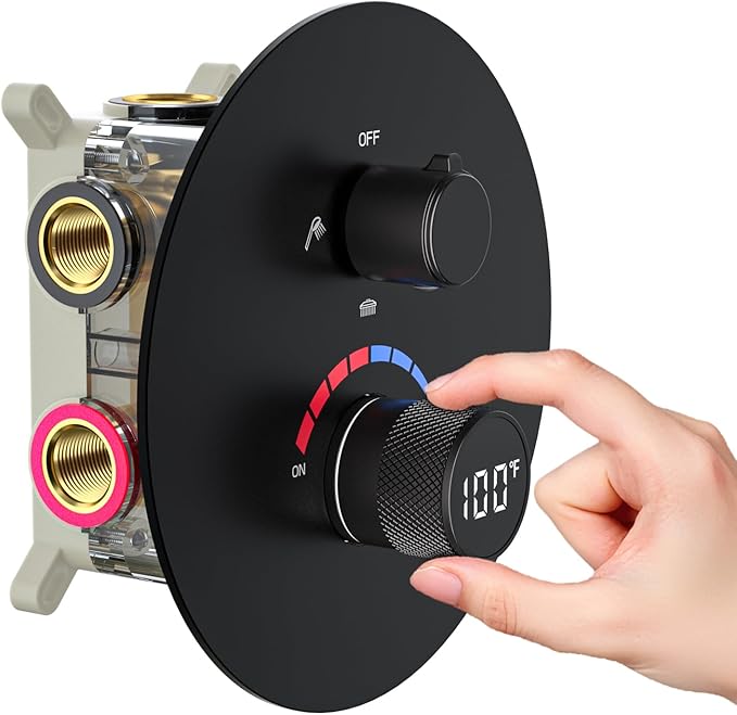 Temperature Display Shower Valve 3 Way Brass Rough-in Mixer and Round Trim Kit, Triple Function Digital Shower Diverter, Black