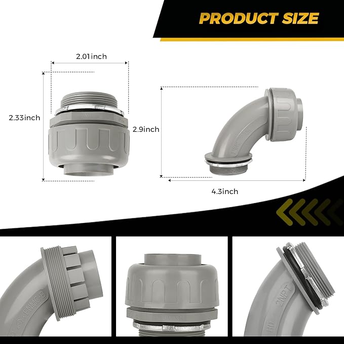 Conduit Connectors, 2 Inch Liquid Tight Connector NPT Non-Metallic for PVC Electrical Flexible Conduit Fittings, 2 Straight and 2 Angle 90 Degree, UL Listed, Grey (4-Pack)