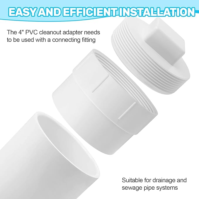 4" PVC Sewer Cleanout Adapter with Plug Pipe Fitting, PVC DWV Flush Sewer Cleaning Cap for Outdoor Garden and Garage Drainage Systems