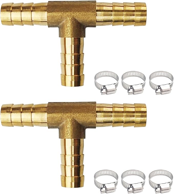 2PCs 5/16" Brass Hose Barb Fitting Tee 3 way Barbed Splicer Mender Union Fitting with 6PCs Hose Clamp for Oil Water Air