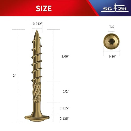 #14 x 2 Inch Lag Screws (57Pcs) 1lb. Structural Wood Screw, Bronze, Carbon Steel, Washer Head, Rust Resistant epoxy Coated, T30 Star Bit