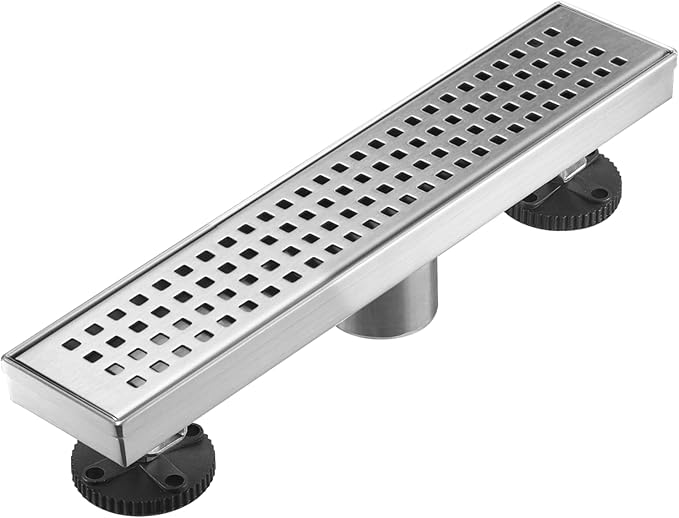 Linear Shower Floor Drain, Brushed Nickel 12 Inch 304 Stainless Steel Bathroom Drains Kit, Long Rectangular Shower Trench Drain with Square Pattern Drain Cover & Hair Catcher