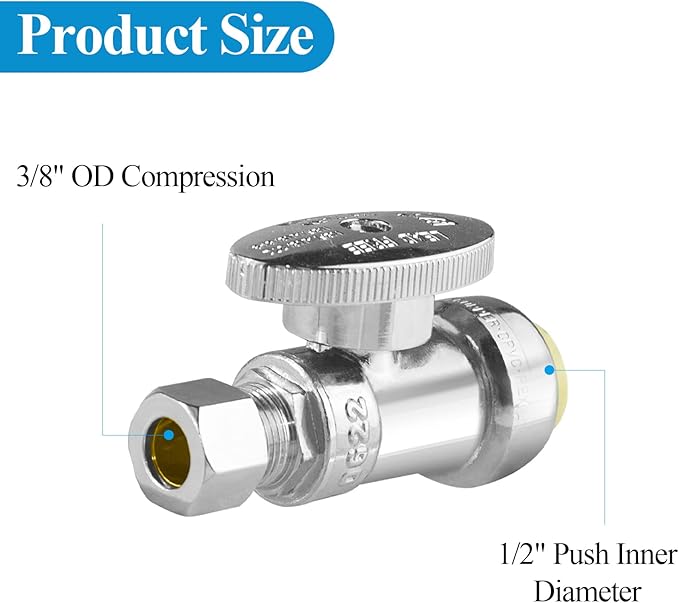 WiseWater Push Connect Straight Stop Valve, 1/2" Push Inlet x 3/8" Compression Outlet, 1/4 Turn with Disconnect Clip, Chrome Plated Brass Shut Off Valve for Ice Maker & Water Filter (5-Pack)