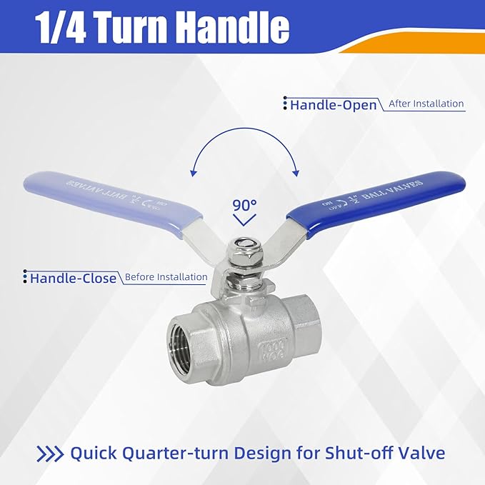 YADIAN 2 Pack 1/2'' Ball Valve Stainless Steel 304, Full Port 1/2 inch Ball Valve NPT Female Heavy Duty Shut Off Valve for Water, Oil, and Gas with Blue Locking Handles, 1000 WOG