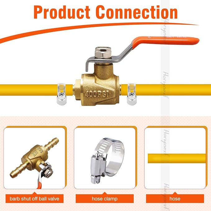 1/4 inch brass mini shut off barb ball valve for water fuel hose gas line rv air tubing, straight inlet manifold petcock (1pc with clamps kit)