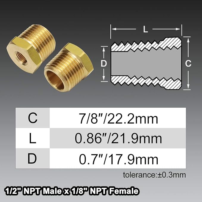 1/2 Inch NPT Male Thread to 1/8 Inch NPT Female Reducing Brass Pipe Fitting Hex Head Hose Tube Bushing Adapter Convert Pack of 2