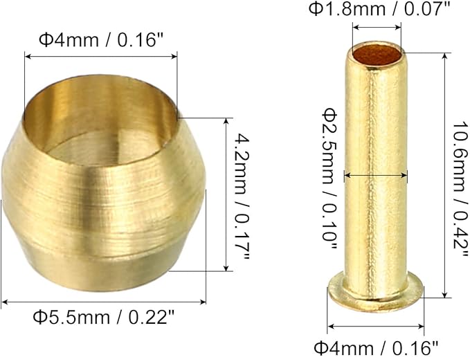 PATIKIL 4mm Tube OD Brass Compression Sleeves Ferrules, 60 Pack Brass Ferrule Fitting and Hose Insert Support Assortment Kit for Air Water Gas Pipe