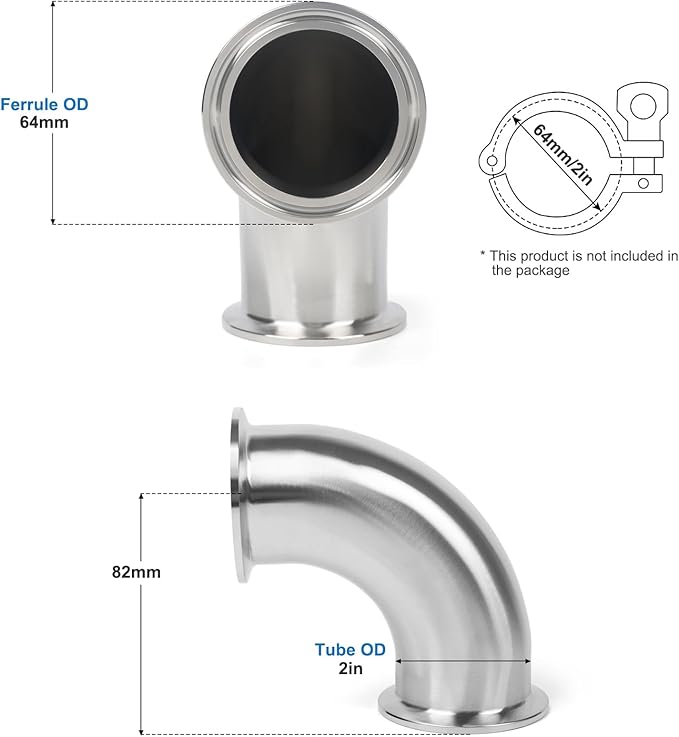 Elbow 2" Tri Clamp Elbow 90 Degree Pipe Fitting 50.5mm Pipe OD Sanitary Fitting Stainless Steel 304