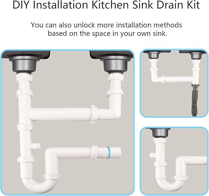 Universal 1-1/2" Kitchen Sink Drain Kit, Space-Saving kitchen drain P-trap With retractable flexible Pipe Completed Sink Pipe Replacement Kit (DIY Installation)
