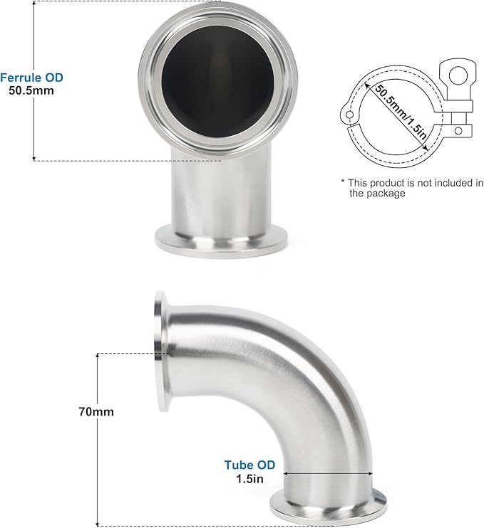 Elbow 1.5" Tri Clamp Elbow 90 Degree Pipe Fitting 38mm Pipe OD Sanitary Fitting Stainless Steel 304