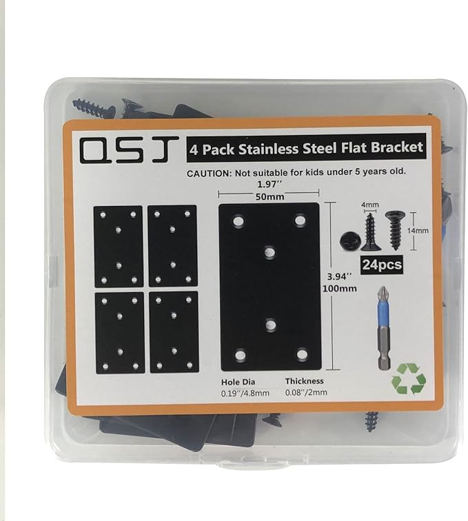 QSJ 4 Pack Black Flat Mending Plate,Six-Hole Metal Bracket, Straight Steel Brace 3.94 x 1.97'', Fixing Joining Plate for Wood with 24PCS Screws, 1x Screwdriver.