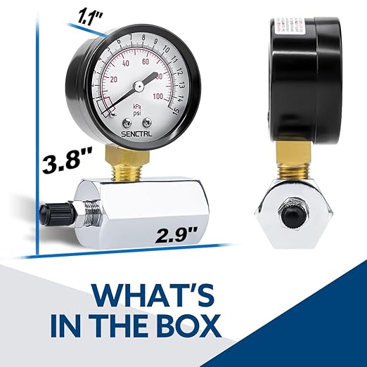 SENCTRL 0-15 Psi Gas Pressure Test Gauge, 2" Dial Size, 3/4" FNPT Connection, Brass Valve, Chrome Plated Steel Body Assembly
