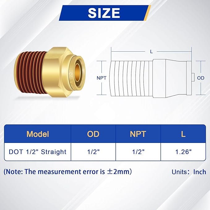1/2" Brass Push to Connect DOT Air Brake Fittings, 3PCS Air Line Quick Connect Fittings 1/2" Tube OD x 1/2" NPT Connector Tube to Male Pipe for Truck Trailers Air Brake System