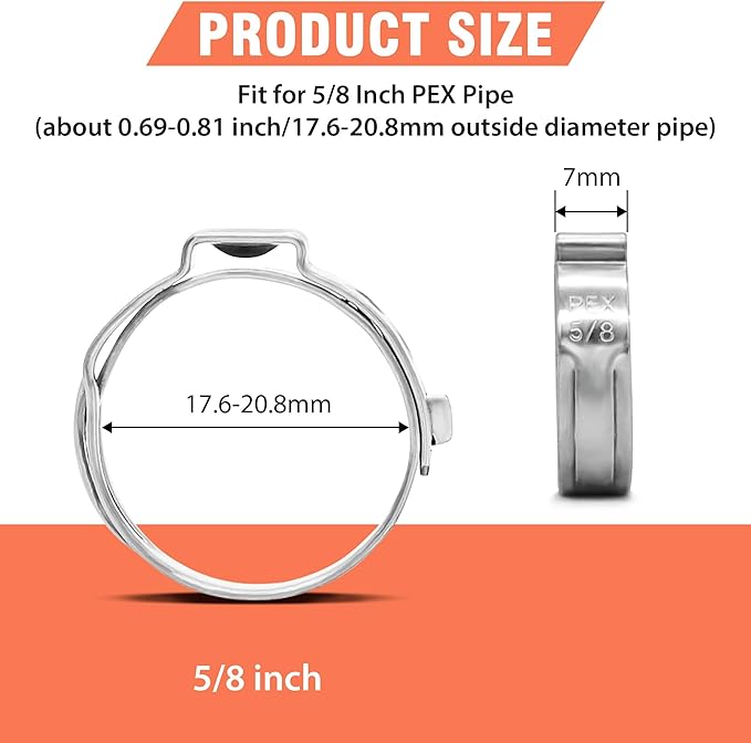 60pcs 5/8 inch PEX Cinch Clamps Rings, 304 Stainless Steel Single Ear Hose Clamps, Pex Crimp Rings for PEX Tubing Pipe Fitting Connections