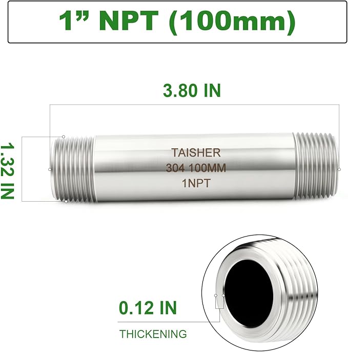 TAISHER 2PCS Stainless Steel Pipe Fittings, 1" NPT Male x 1" NPT Male Threaded, 4" Length Thickened Nipple Cast Pipe