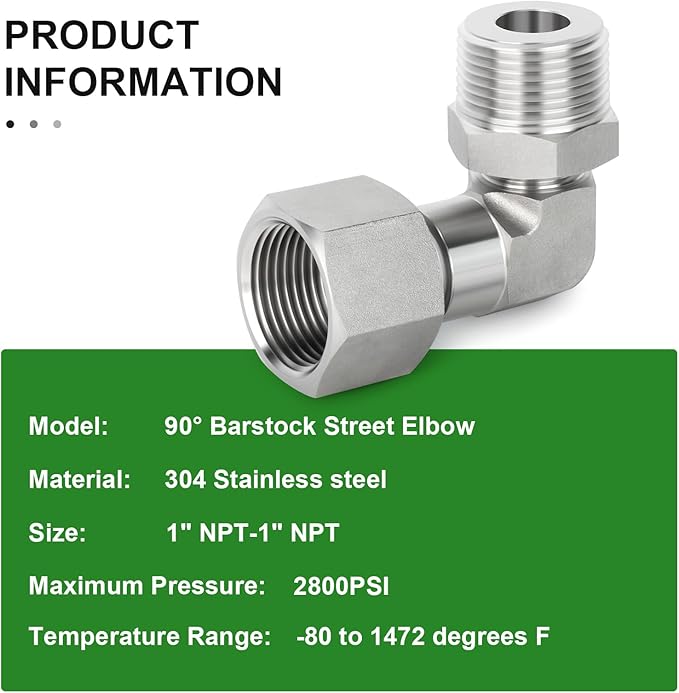 TAISHER 3PCS 304 Stainless Steel 90 Degree Barstock Street Elbow 1/2" MNPT × 1/2" FNPT, Hex Bushing 1" MNPT × 1/2" FNPT，Reducer Adapter 1" FNPT × 1/2" MNPT.(1" MNPT × 1" FNPT)