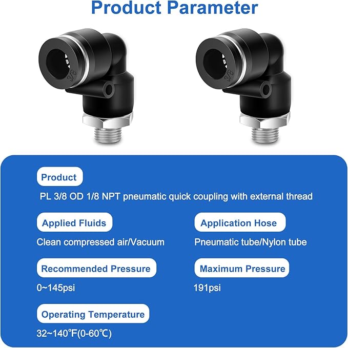 10 Pcs Push to Connect Fittings 3/8 Inch Tube OD x 1/8 Inch NPT Thread Pneumatic Male Elbow Quick Connect Air line fittings