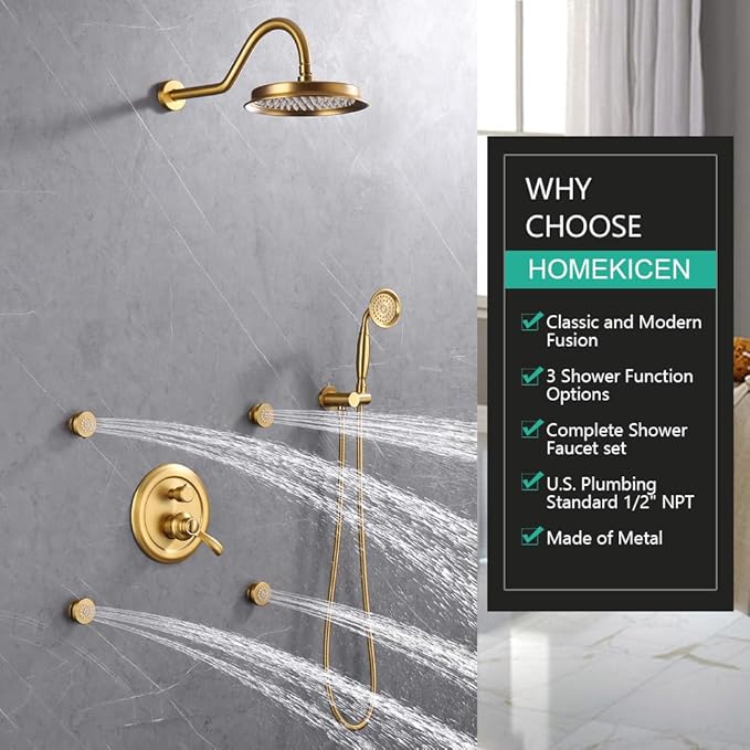 Brushed-Gold Antique Shower System with Jets: 9 inch Rain Faucet Sets Complete Wall Rainfall Head and Handheld Spray Fixtures Combo, 3 Way Diverter Brass Rough in Valve Trim Kit